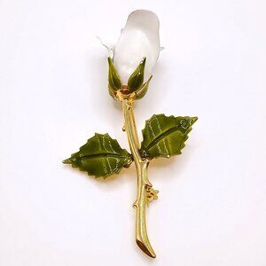 Vintage Rose Brooch Gold-Tone Metal Stem White Double Bud Green Enamel Accent